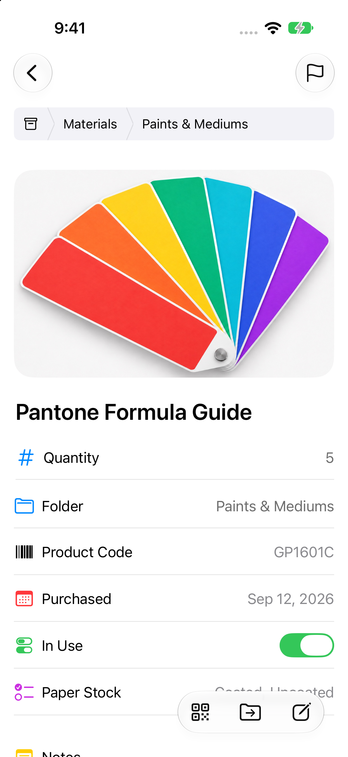 WunderBox item detail for the Pantone Formula Guide, showing its photo, quantity, folder, and custom fields